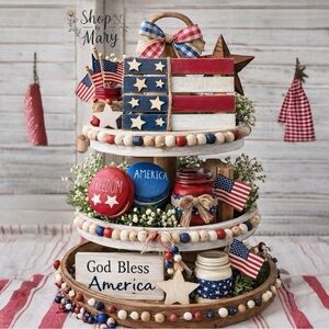 ⤵️🆕 Patriotic Wooden Flag Decor with Stars with fake macaroons| Handmade